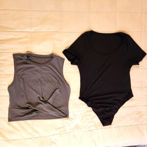 Cider Womens Bundle: Ribbed Black Body Suit & Gray Crop Top, Knot, Stretchy 1XL